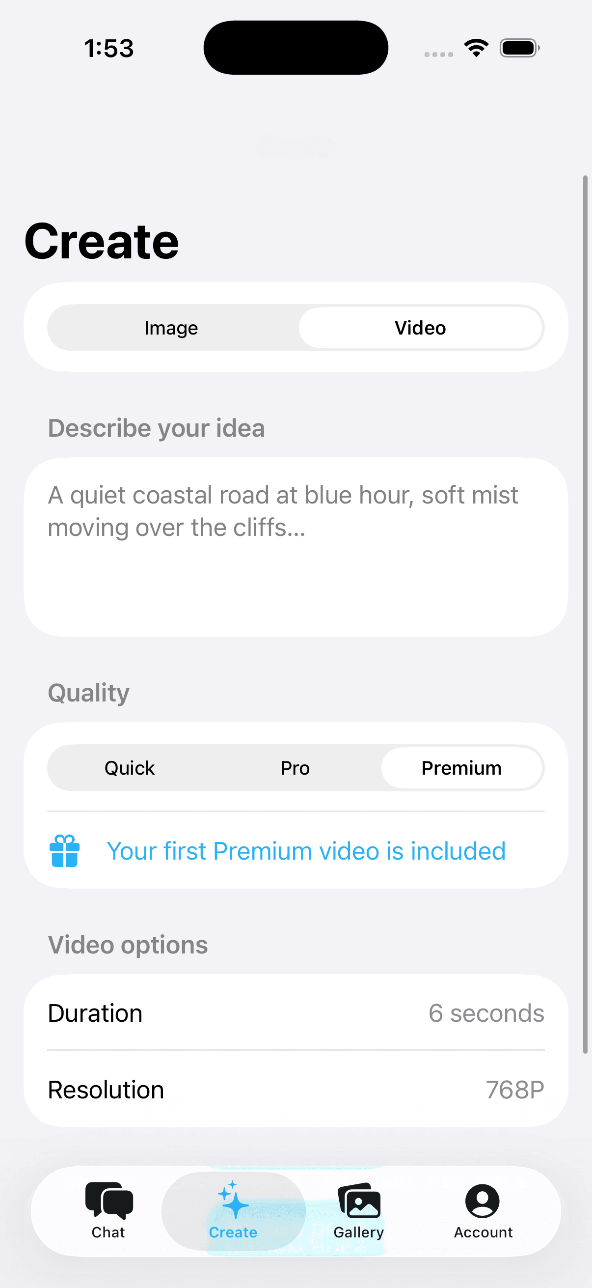 FreeAI Studio Create screen running in the iOS Simulator